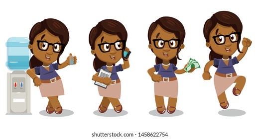 Vector set with afro-american lady spending time at office. African woman in glasses drinking water near dispenser, speaking by phone, keeping money, jumping for joy. Cartoon isolated on white.