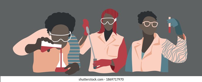 vector set of afroamerican persons, scientist in laboratory with bottle and microscope