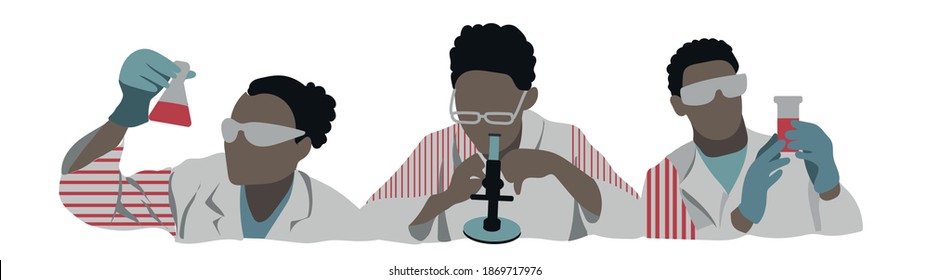 vector set of afroamerican persons, scientist in laboratory with bottle and microscope