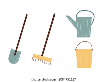
Vector set with agricultural bright tools in flat style isolated on white background. Illustration with bucket, shovel, rake and watering can