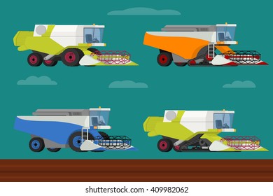 Vector set of agricultural modern combine harvesters collection. Illustration in flat design.