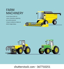 Vector set of agricultural vehicles and farm machines. Tractors, harvesters, combines. Illustration in flat design.