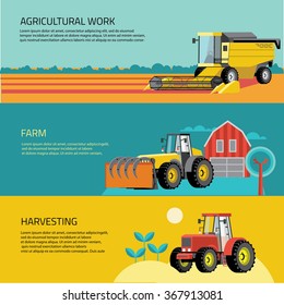 Vector set of agricultural vehicles and farm machines. Tractors, harvesters, combines. Illustration in flat design.