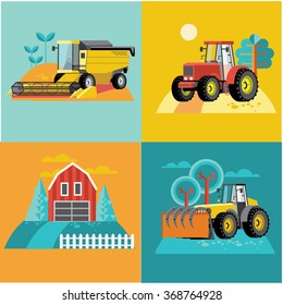 Vector set of agricultural vehicles and farm machines. Tractors, harvesters, combines. Illustration in flat design. svg