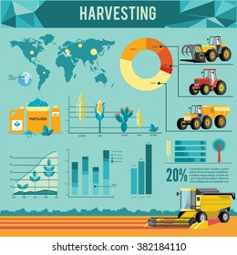 Vector set of agricultural vehicles and farm machines infographic. Tractors, harvesters, combines. Illustration in flat design.