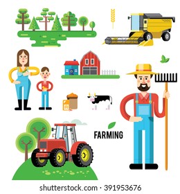 Vector set of agricultural vehicles and farm machines. Tractors, harvesters, combines. Illustration in flat design.  