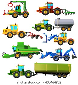 Vector set of agricultural vehicles and farm machines. Tractors, harvesters, combines. Agriculture machinery. Vector illustration. Isolated on white. Icon. Flat style