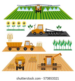 Conjunto de vectores de vehículos agrícolas y máquinas agrícolas. Tractores, cosechadores, cosechadoras. Ilustración en diseño plano. Mecanismos agrícolas. Cosecha agrícola.