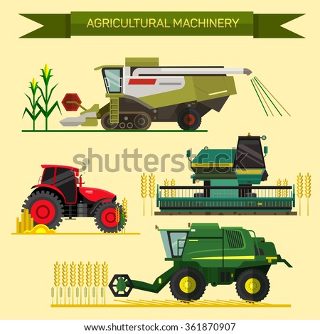 Vector set of agricultural vehicles and farm machines. Tractors, harvesters, combines. Illustration in flat design. Agriculture business concept. Agriculture machinery. Agriculture crop harvest.
