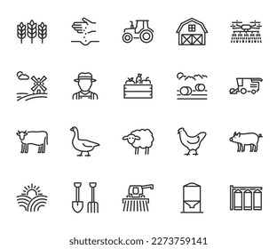 Vector set of agriculture and farming line icons. Contains icons farm, tractor, livestock, combine harvester, barn, farmer, granary, silo and more. Pixel perfect.