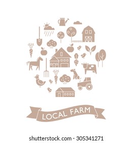 Vector set of agriculture icons. Card with local farm's vegetables, fruits, tools and any stuff.