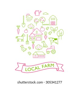 Vector set of agriculture icons. Card with local farm's vegetables, fruits, tools and any stuff.