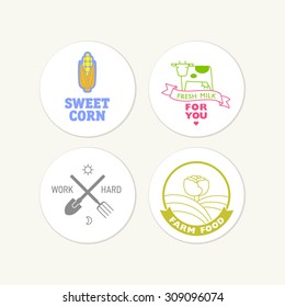 Vector set of agriculture logos. Labels with local farm's vegetables, tools, cow and field.