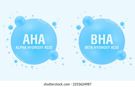 Conjunto de vectores de iconos AHA y BHA. Ácido beta hidroxi y ácido alfa hidroxi. Ácidos utilizados como suero facial o solución. Dermal y belleza. Ilustración del vector