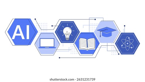 Vector set of AI and education icons. Includes books, laptops, idea bulbs, calculators, and science symbols. Perfect for digital learning, e-learning, innovation, and tech-related designs.