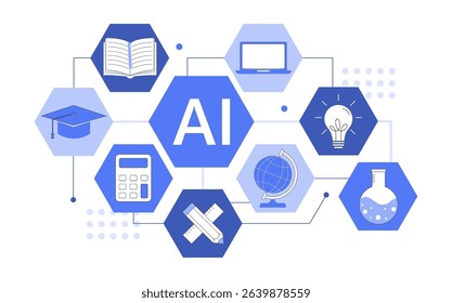 Vector set of AI and education icons. Includes books, laptops, idea bulbs, calculators, and science symbols. Perfect for digital learning, e-learning, innovation, and tech-related designs.