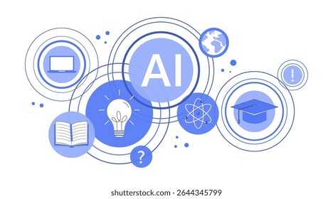 Conjunto vetorial de ícones de IA e educação. Inclui livros, laptops, bulbos de ideias, calculadoras e símbolos científicos. Perfeito para aprendizagem digital, e-learning, inovação e projetos relacionados à tecnologia.