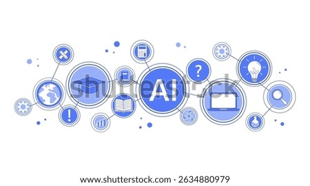 Vector set of AI and education icons. Includes books, laptops, idea bulbs, calculators, and science symbols. Perfect for digital learning, e-learning, innovation, and tech-related designs.