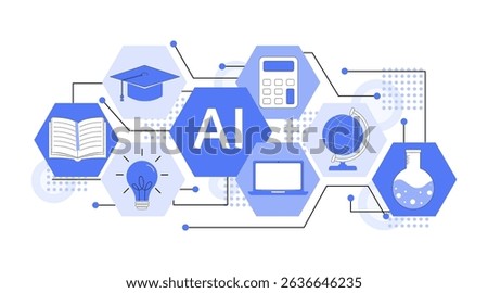 Vector set of AI and education icons. Includes books, laptops, idea bulbs, calculators, and science symbols. Perfect for digital learning, e-learning, innovation, and tech-related designs.
