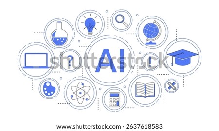 Vector set of AI and education icons. Includes books, laptops, idea bulbs, calculators, and science symbols. Perfect for digital learning, e-learning, innovation, and tech-related designs.
