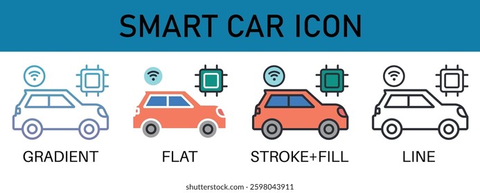 Vector set of AI-powered smart car icons in gradient, flat, stroke fill, and line styles. Represents automotive AI, autonomous vehicles, and digital mobility for transportation and innovation designs.