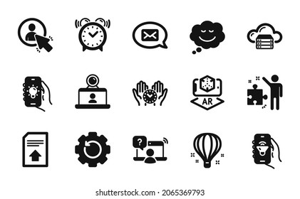 Vector set of Air balloon, User and Strategy icons simple set. Cloud server, Online question and Alarm clock icons. Augmented reality, Recovery gear and Safe time signs. Vector