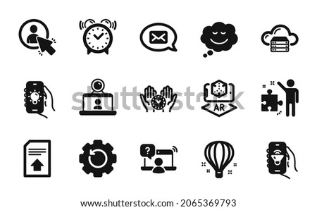 Vector set of Air balloon, User and Strategy icons simple set. Cloud server, Online question and Alarm clock icons. Augmented reality, Recovery gear and Safe time signs. Vector