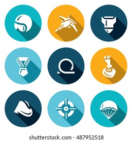 Vector Set of Air Force Icons. Pilot, Fighter, Bomb, Order, Loop, Joystick, Soldiers forage cap, Aim, Parachute.