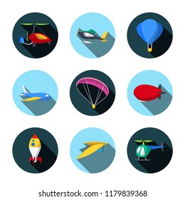 Vector Set of Air Transport Icons. Autogyro. Seaplane. Balloon. Aircraft. Paraglide. Airship. Rocket. Hang-Glider. Helicopter. Flat style