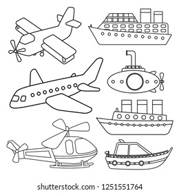 Vector set of air and water transport. Coloring book  for kids.