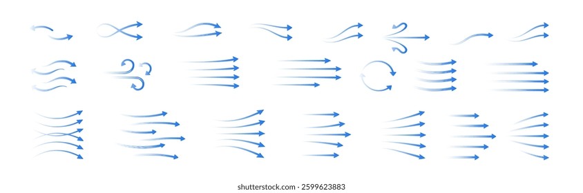 vector set of air and wind flow icons, featuring cool breezes, directional arrows, and filtration waves. Perfect for air conditioning, ventilation, water streams, and fresh airflow designs.