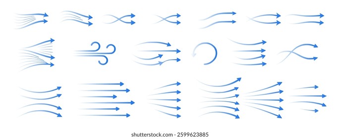 vector set of air and wind flow icons, featuring cool breezes, directional arrows, and filtration waves. Perfect for air conditioning, ventilation, water streams, and fresh airflow designs.