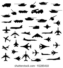 Vector set of aircraft, armored and guns.