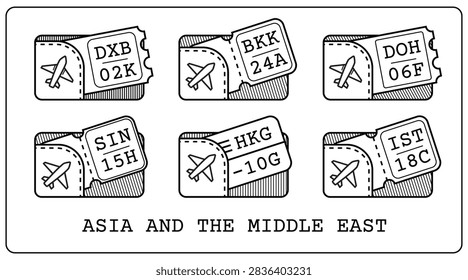 Vector set of airline boarding pass line icons for Asia and Middle East destinations. Minimalist travel ticket elements with airport codes DXB, BKK, DOH, SIN, HKG, IST isolated on white.