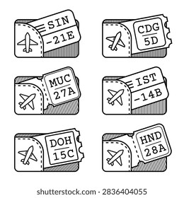 Vector set of airline boarding pass line icons for international flight destinations. Minimalist travel ticket elements with airport codes SIN, CDG, MUC, IST, DOH, HND isolated on white