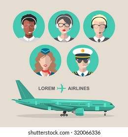 Vector Set Of Airplane And Cabin Crew And Airport Team Icons In Flat Style. Aviation Male And Female Avatars Illustrations: Stewardess, Pilot, Air Traffic Controller.