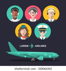 Vector Set Of Airplane And Cabin Crew And Airport Team Icons In Flat Style. Aviation Male And Female Avatars Illustrations: Stewardess, Pilot, Air Traffic Controller.