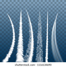 Vector set of airplane condensation trails, jet trailing smoke, smoky effect after rocket or plane isolated on transparent background