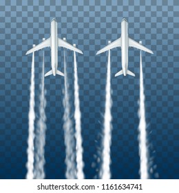 Vector set of airplane condensation trails, jet trailing smoke, smoky effect after rocket or plane isolated on transparent background