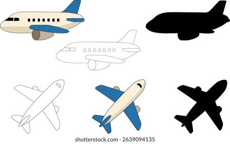 Vector set of airplane icons. Color, black and white and black versions of the airplane. Top and side views.
