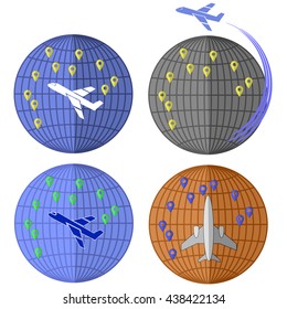 Vector Set of Airplane Icons Isolated on White Background. Around the World Travelling by Plane. Summer Vacation.
