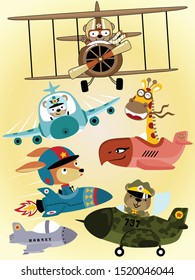 Vector set of airplanes cartoon with funny animals pilot