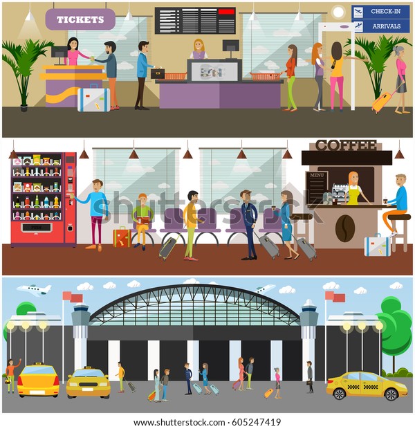 Vector set of airport concept\
posters, banners. Airport terminal, cafe, convenient waiting hall,\
exterior, taxi and passengers design elements in flat\
style.