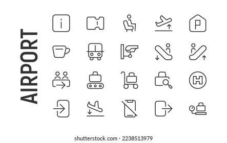 Vector set of airport thin line icons. Design of 20 stroke pictograms. Signs of airport isolated on a white background.