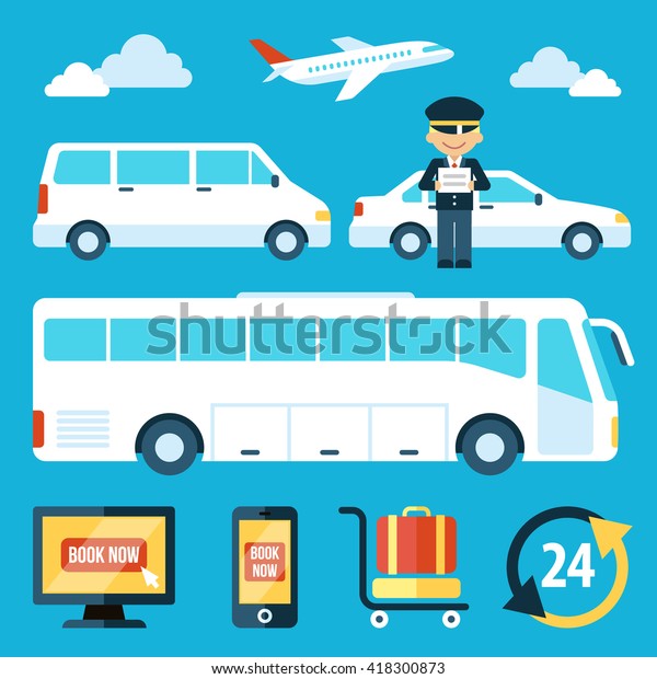 Vector set of airport\
transportation service icons with chauffeur character. Flat style.\
Eps 10.