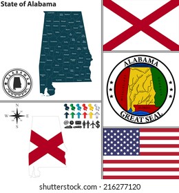 Vector Set Of Alabama State With Flag And Icons On White Background