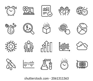 Vector set of Alarm clock, Chemistry lab and Time line icons set. Currency audit, Gpu and Group icons. Checked calculation, Dirty water and Cloudy weather signs. Alarm clock web symbol. Vector