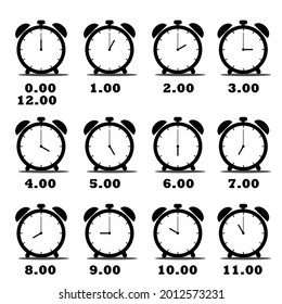 vector set of alarm clocks or Round desk clock with various times, from 1 o'clock to 12 o'clock