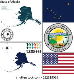Vector set of Alaska state with seal and icons on white background