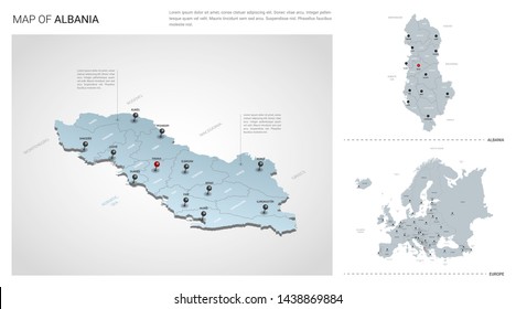 Vector set of Albania country.  Isometric 3d map, Albania map, Europe map - with region, state names and city names. 